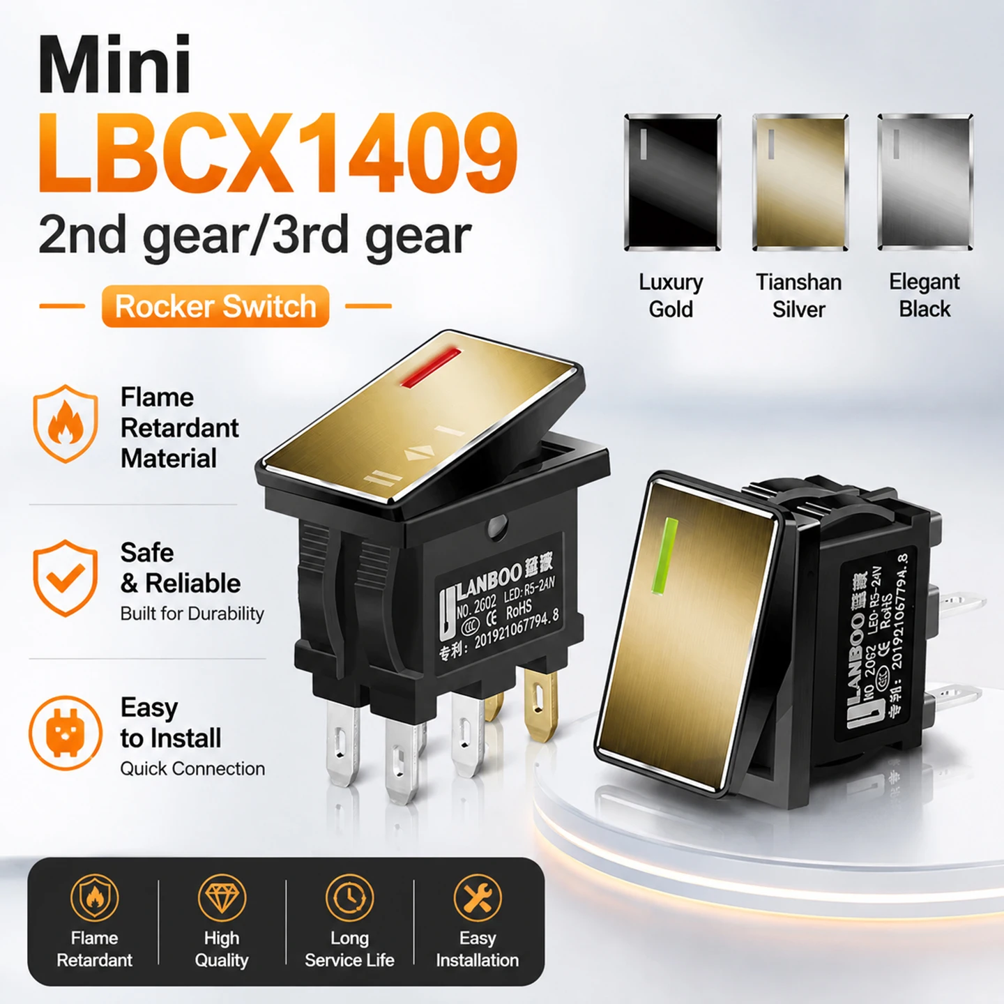 LANBOO CX1409 Series 7Amp High Current Rocker Switch ON-OFF-ON 2/3Position 4/6Pin KCD1  With Red/Green Light  12V24V220V