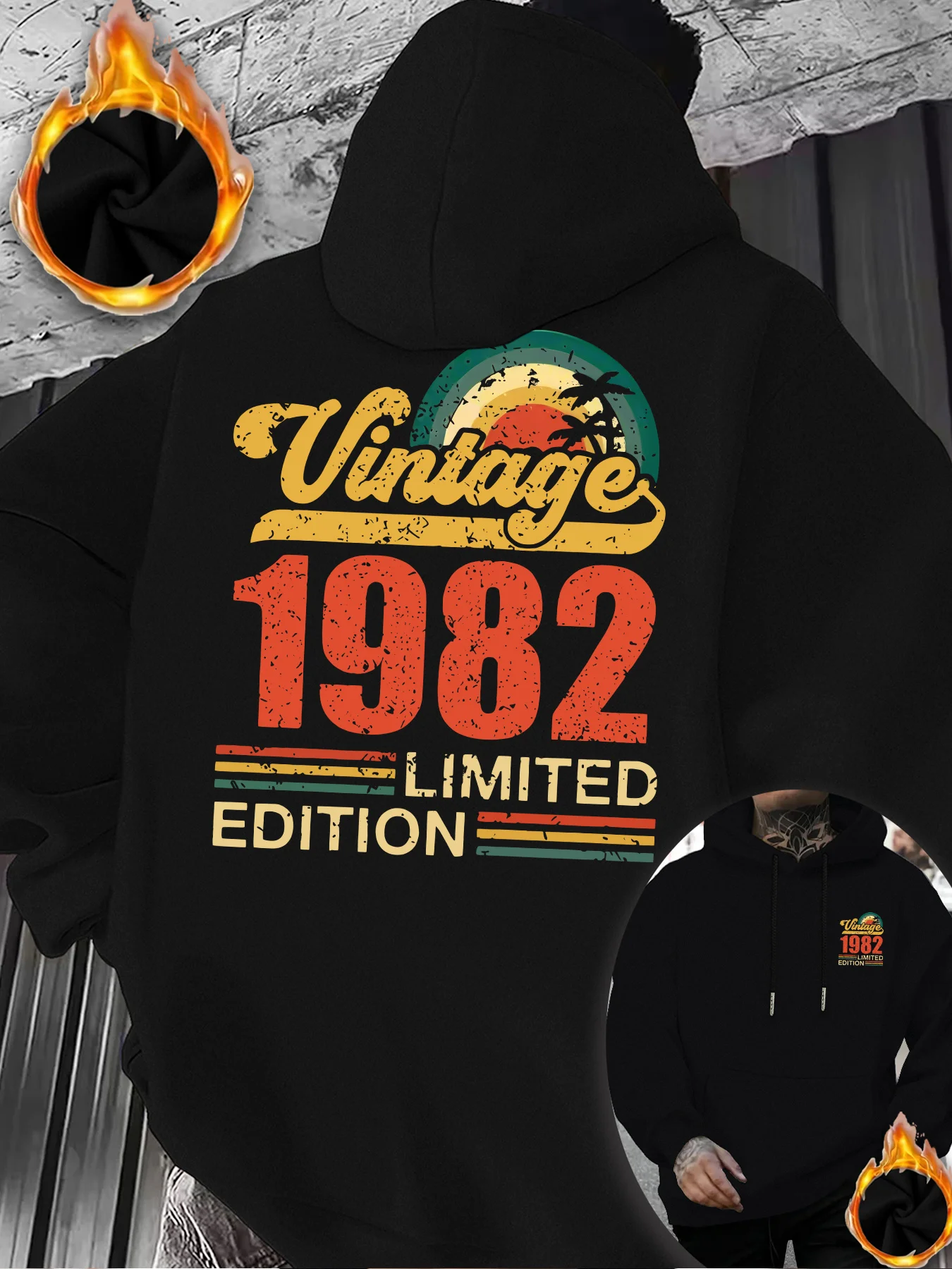 New retro trend men's fall/winter fleece pullover with hood. Rainbow palm tree print. Casual streetwear for daily hip-hop style.