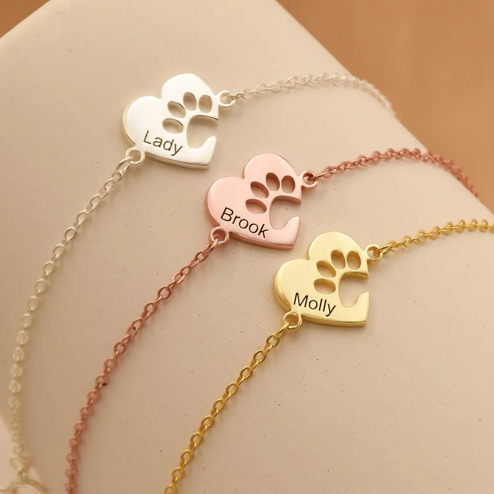

Engraved Name Paw Heart Bracelet Custom Pet Memorial Gift Personalized Dog Cat Paw Print Name Bracelets for Women Animal Jewelry