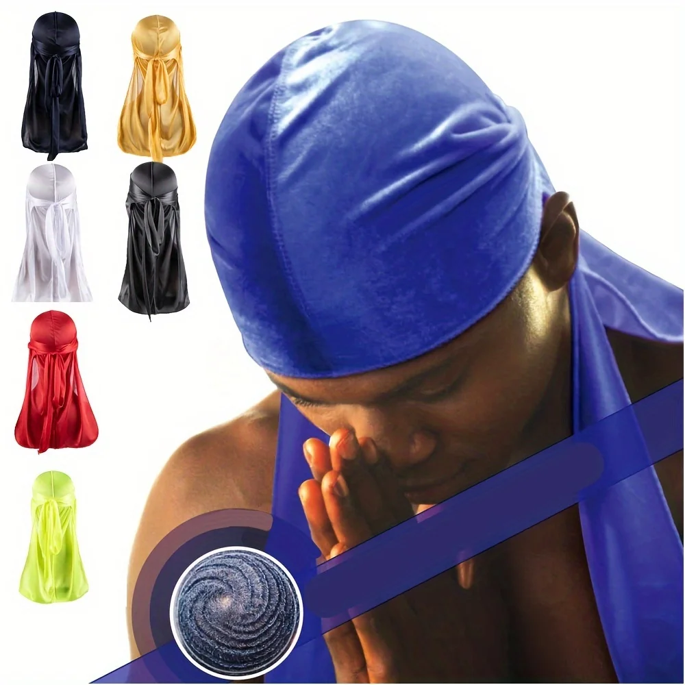 Men's Silk Durag Bonnet Bandana Silky Du Rag Doo Rag Long Tail Waves Cap