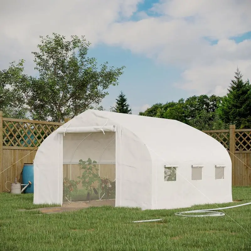 Serre tunnel de jardin 10,4 m² avec protection UV, porte à fermeture éclair enroulable, fenêtre en maille 350 x 300 x 200 cm, blanc