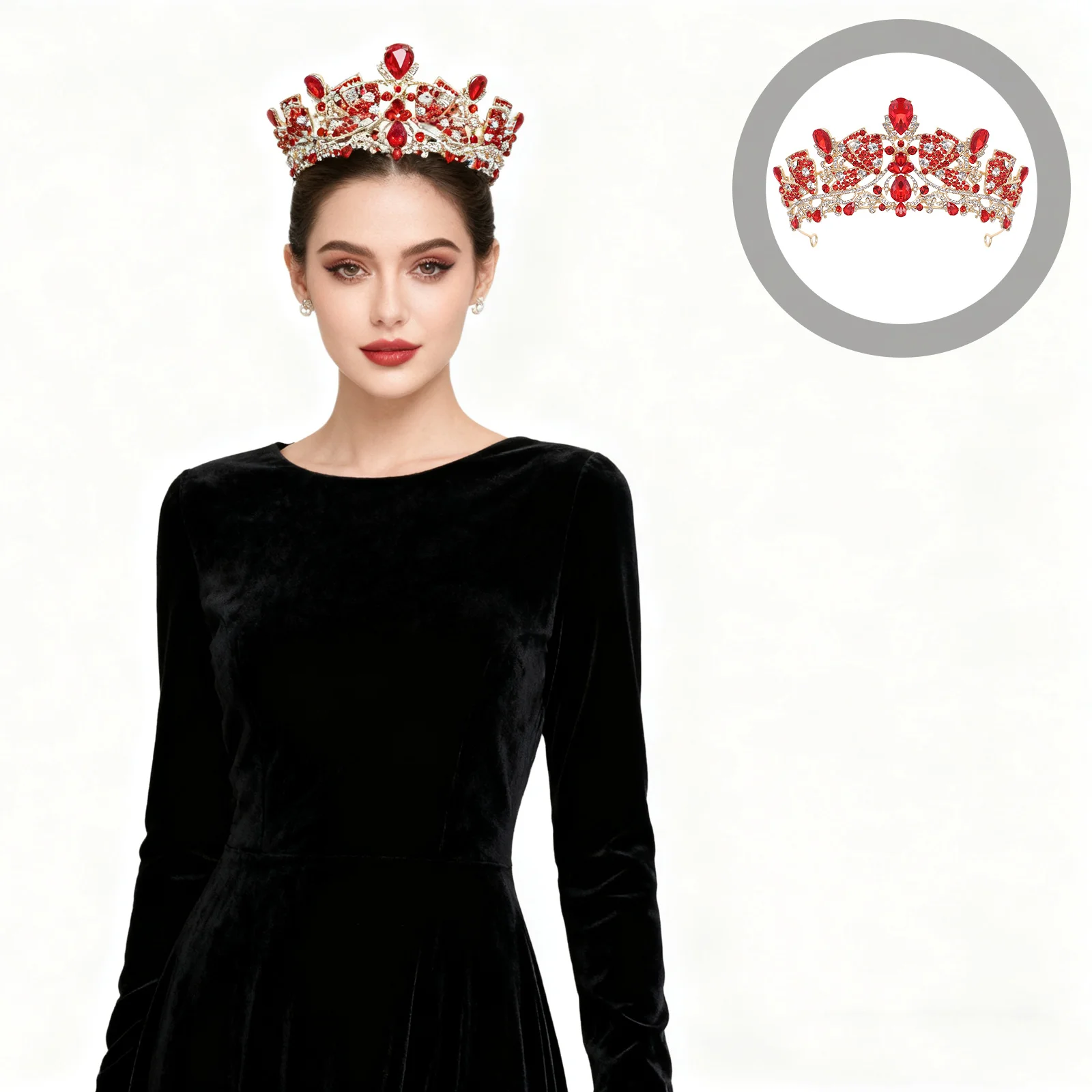 

Crystal Rhinestone Bridal Tiara Red Wedding Crown For Bride Party Prom Princess Headdress Bridal Hair Jewelry