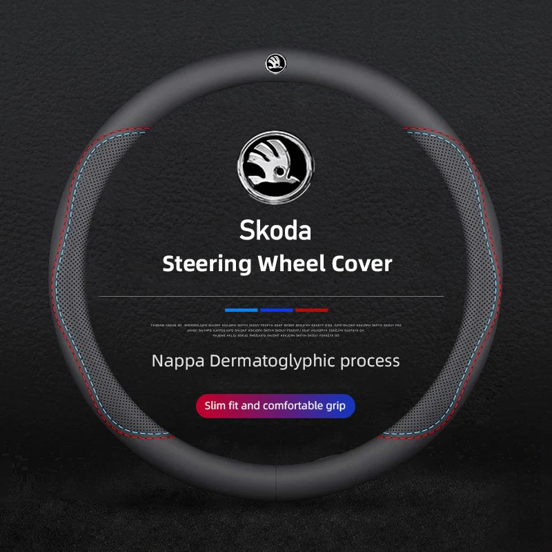 38cm Car Leather Steering Wheel Cover Car Accessories For Skoda Fabia Superb Yeti Octavia Rapid Kodiaq Mk3 A6 A7 A5 Kamiq Karoq