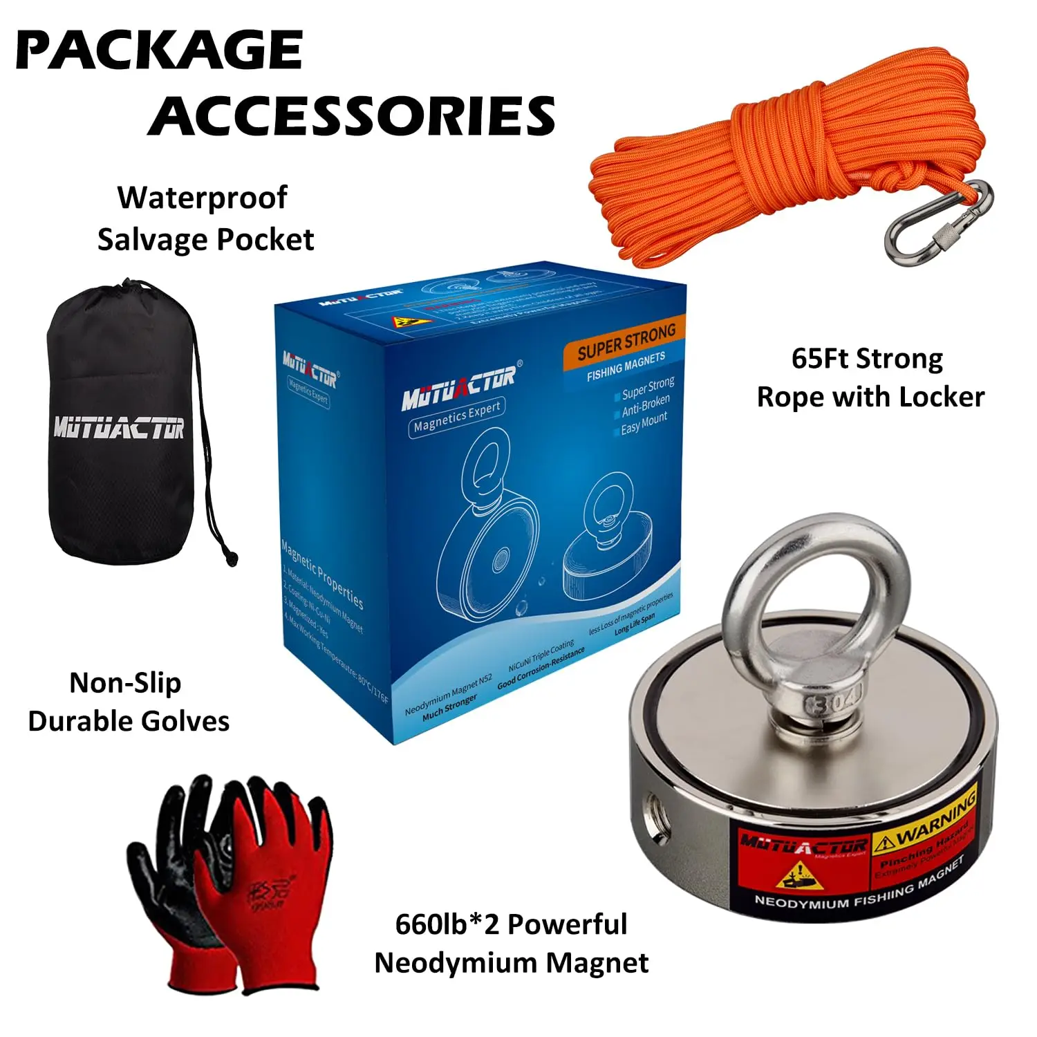 Fishing Magnet Kit Heavy Duty, Double Sided 1320lbs Rare Earth Magnets with 65Ft Salvage Rope, Super Strong Φ2.95'' Neodymium