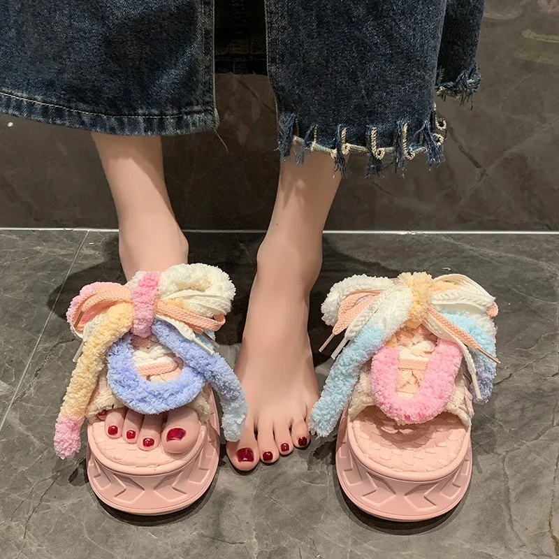 Kawaii 5.5CM Summer Women Weave Slippers Platform Shoes Mules Flip Flops Candy Color Sandals Flat Casual Soft Cute Outdoor Shoes