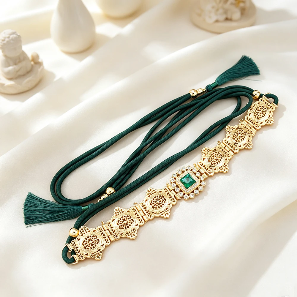 Sunspicems Gold Color Morocco Caftan Waist Chain Belt Metal Rhinestones Tassels Rope Belt Arabic Women Bridal Wedding Jewelry