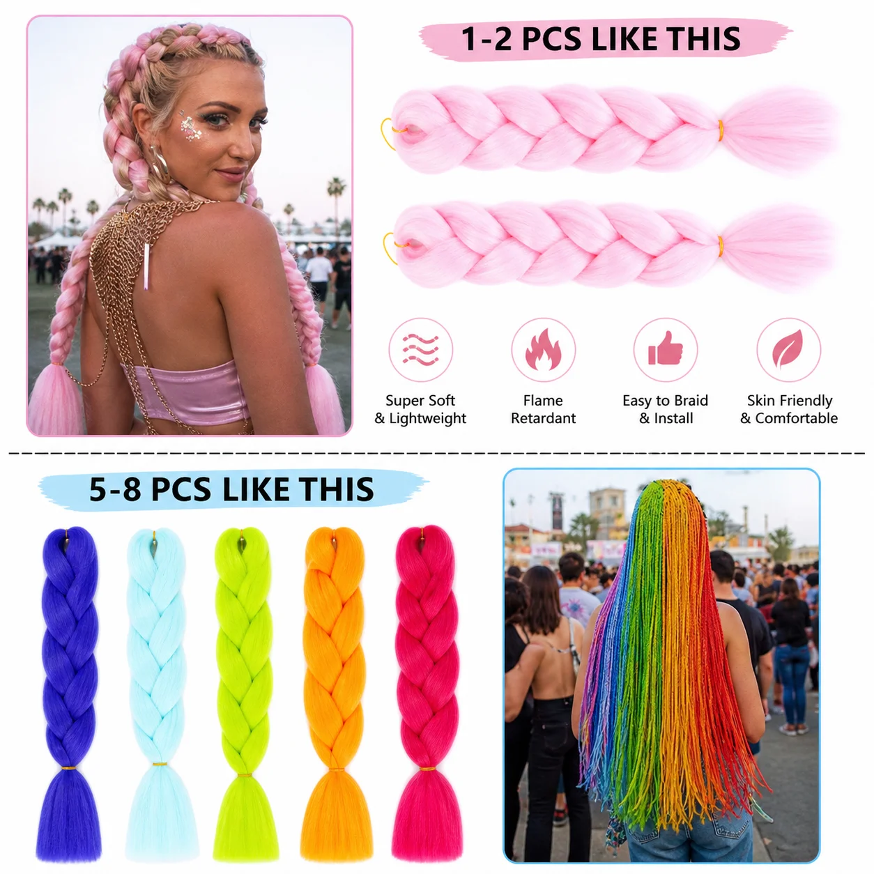 24 Inch Synthetic Long Ombre Braiding Hair for Ladies – Black Purple Pink Blue Blonde Jumbo Braid Extensions, Wholesale Availabl