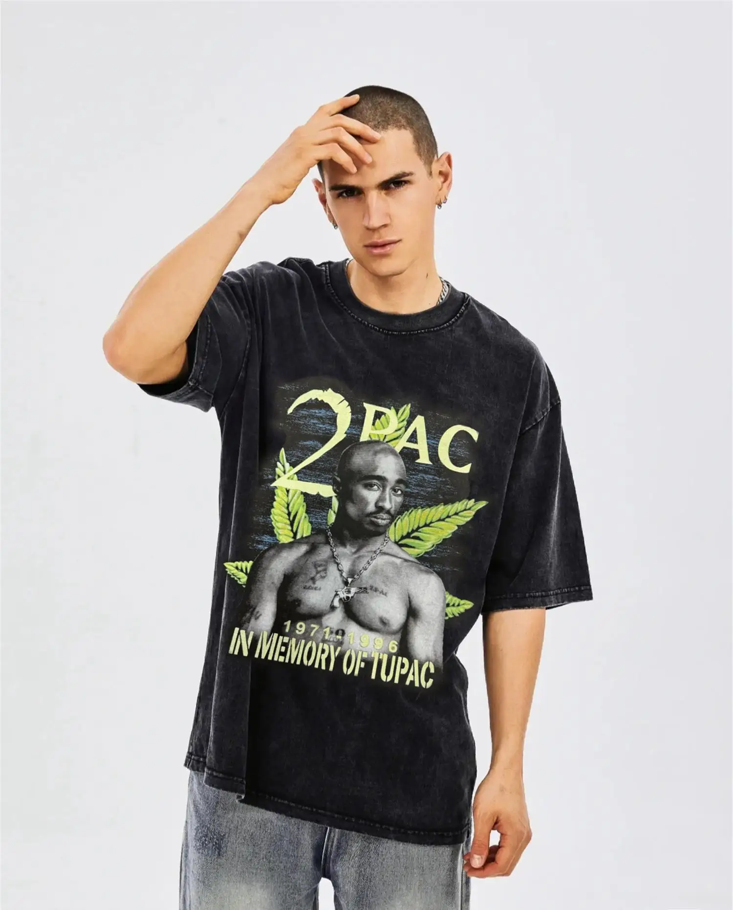 

VINTAGE RETRO 2PAC Rapper Big Face Portrait Print Directly High-Street HIP-POP Loose Oversized Top T-Shirt For Men