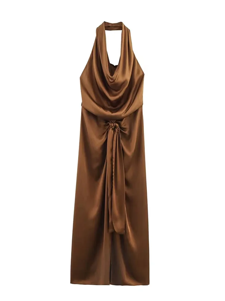 HH Women 2025 Spring New Slim Satin Texture Solid Sleeveless Midi Dress Female Hanging Neck Collar Hollow Out Long Dress
