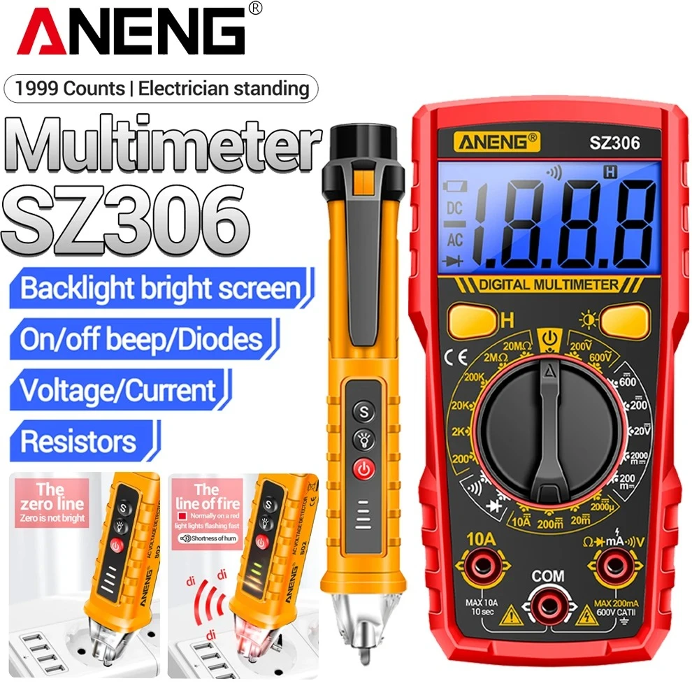 

Цифровой мультиметр ANENG SZ306+VD802 с подсветкой экрана, измерением напряжения AC/DC, диодный тестер, детектор напряжения, набор инструментов для электрика