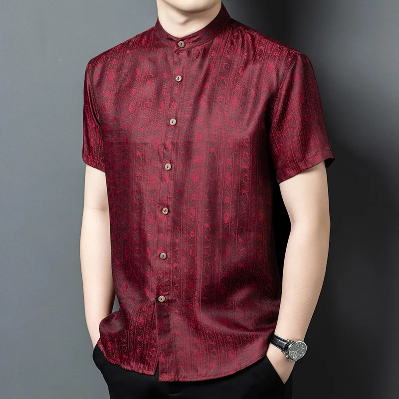 

Real Silk Summer Men's New Stand Collar Short Sleeve Shirt Middle-Aged Business Leisure Chinese Style Clothing