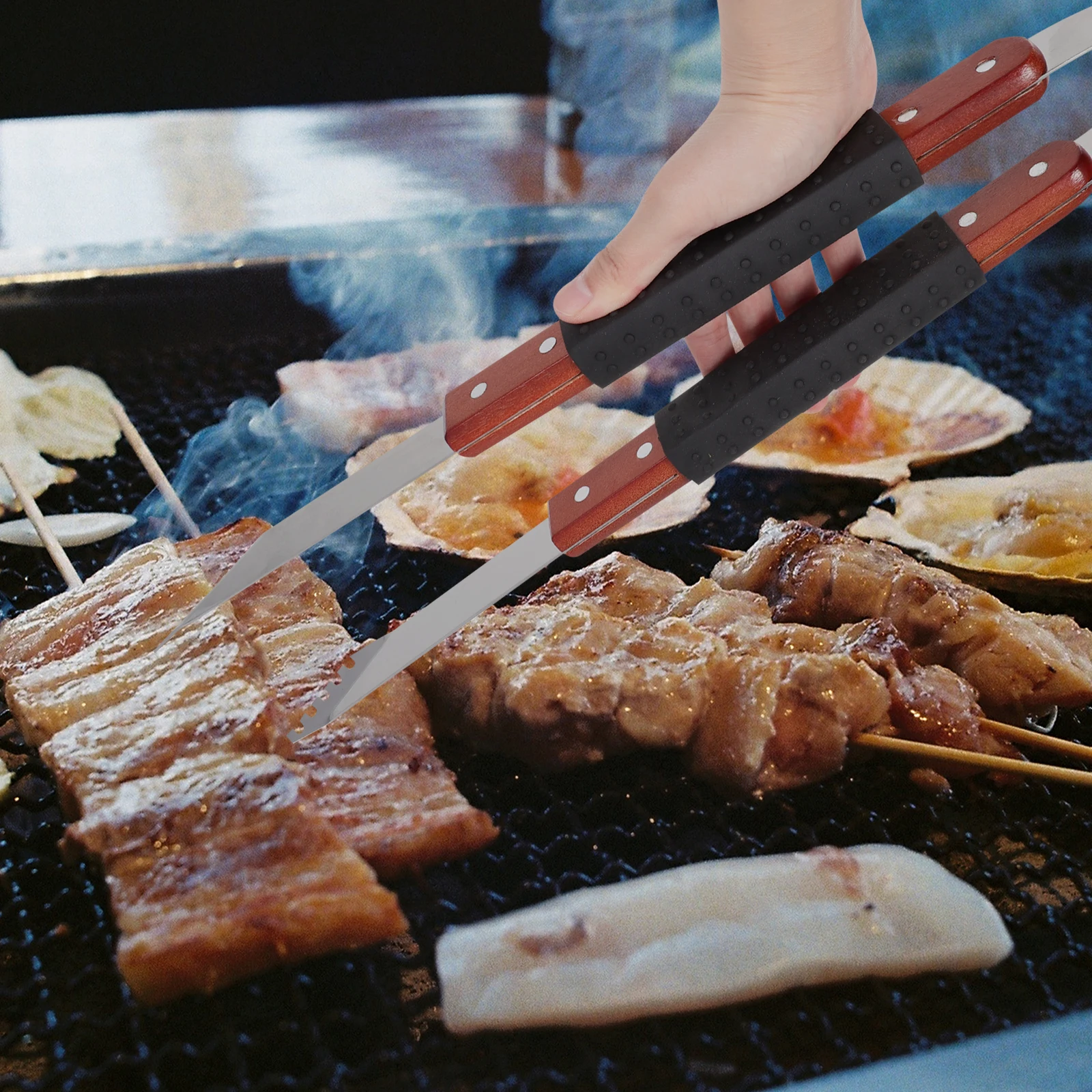 

Barbecue Tongs Kitchen Outdoor Cooking Tool Wood Handle Grill Meat Tong Stainless Steel Picnic Restaurant Buffet Party