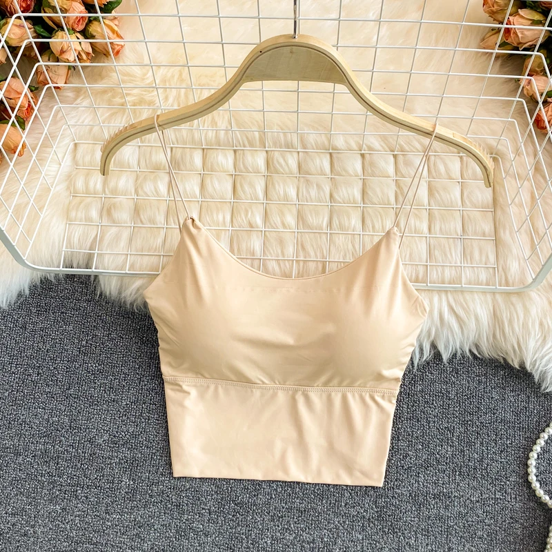 Summer Bra Ice Silk Crop Tops Sports Spaghetti Strap Vest Top Women Sexy Built In Bra Off Shoulder Sleeveless Camisole Underwear