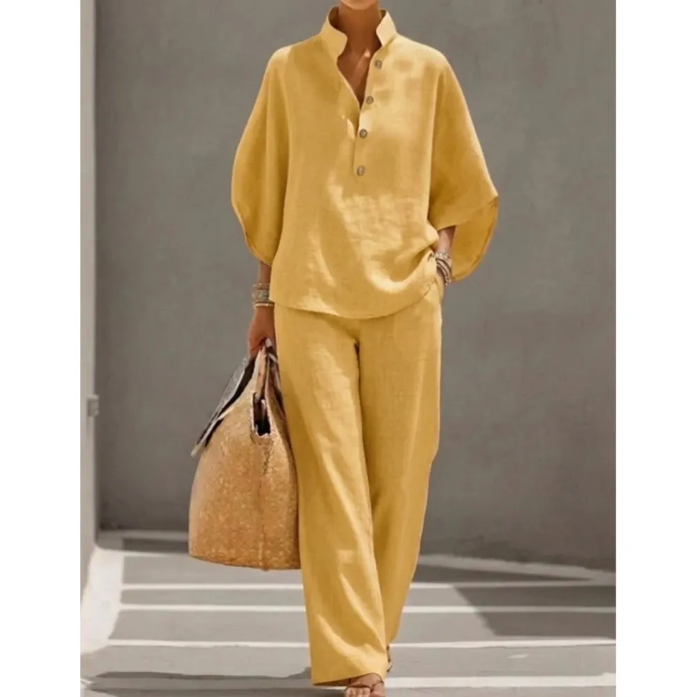 Fashion Cotton Linen Button Stand Collar 9 Quarter Sleeves Loose Women's 2-piece Suit Spring Casual Wide Leg Pants Suit Female image 6
