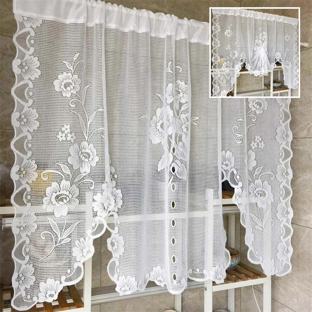 American Pastoral White Lace Balloon Curtain Lifting Tie-Up Roman Tulle Curtain Valance for Room Kitchen Door Partition Decor 커튼