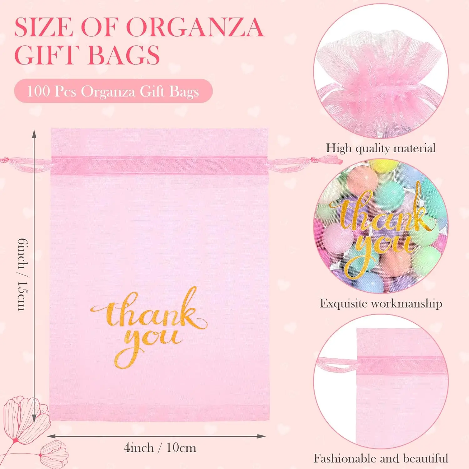 100 Pieces 4 x 6 Inch Thank You Sheer Organza Bags Mesh Drawstring Gift Bags Organza Jewelry Pouches Wedding Party Favor Bags fo