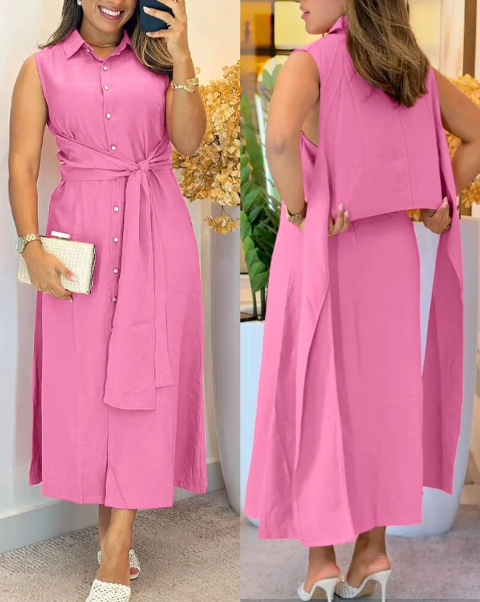 

Women's Dress 2025 Spring Summer Latest Turn Down Collar Button Front Sleeveless Shirt Dress Tied Detail Midi Dress Long Skirt