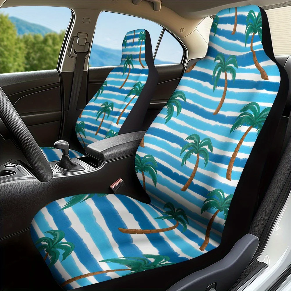 

2pcs Tropical Palm Tree Ocean Stripe Print Universal Car Seat Covers | Decorative And Stylish, Easy To Install, Washable, Adds C