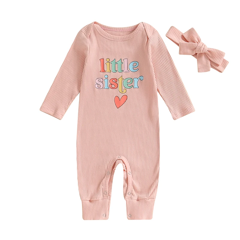 

Little Sister Newborn Clothes Baby Girl Coming Home Outfit Infant Long Sleeve Footies Romper Headband Fall Set