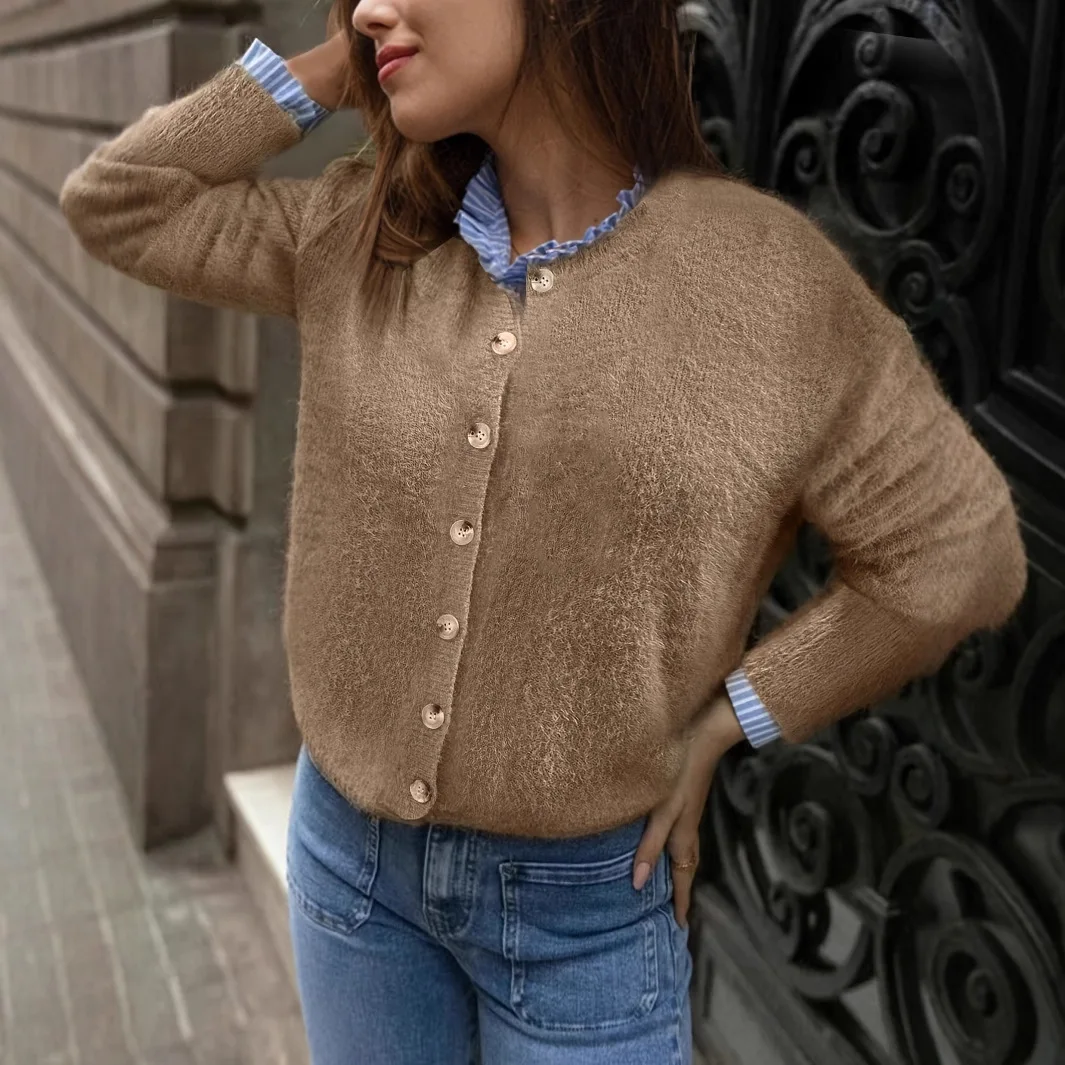 

Autumn And Winter Women Open-plate Button Round Neck Sweater For Women Solid Color Womens Daily Versatile Style Cardigan Sweater