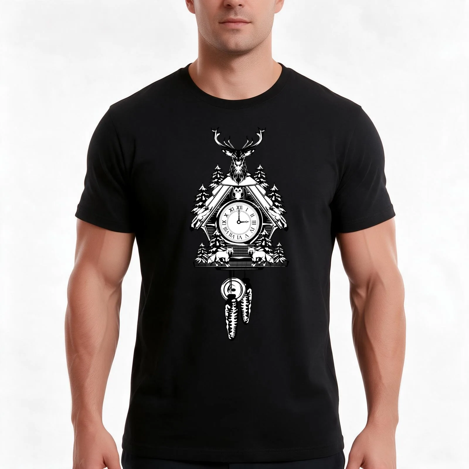 Black Forest Cuckoo Clock T-Shirt, Summer Casual Cotton Tee, Oversized Streetwear Tops, Vintage Graphic Print, Unisex Men Women