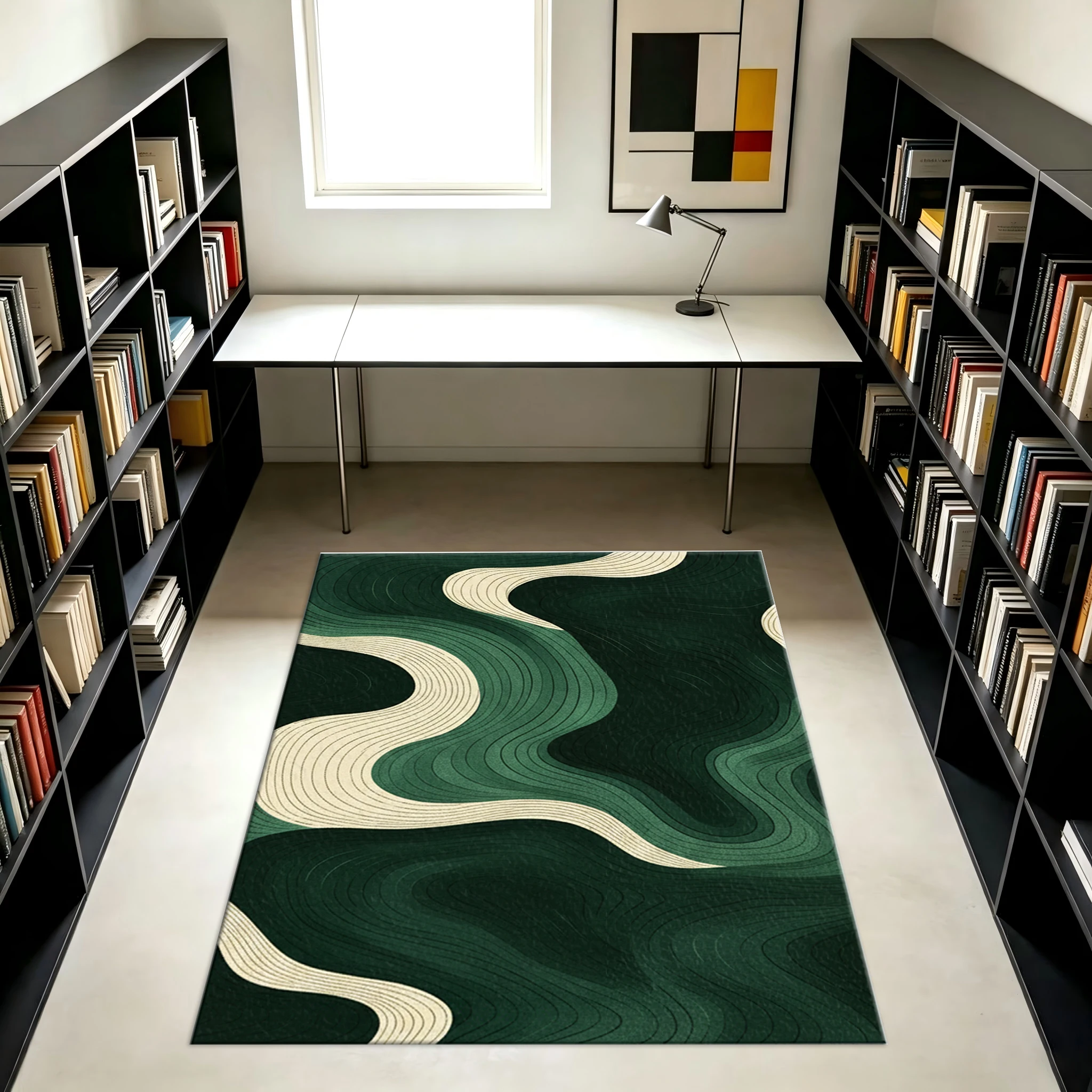 Abstract Wavy Line Carpet Flooring, Dark Green Cream Tone Area Rug for Modern House Decor