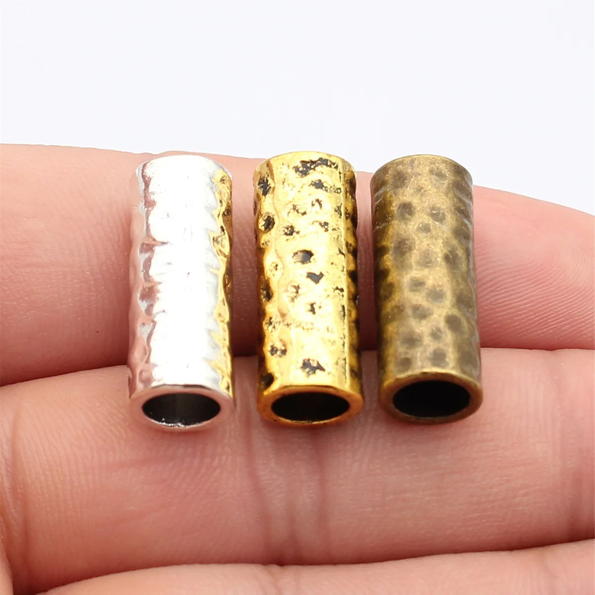 WYSIWYG 5pcs 24x9.6x9.6mm 3 Colors Hammered Tubular Beads, Spacer Beads, Braided Beads