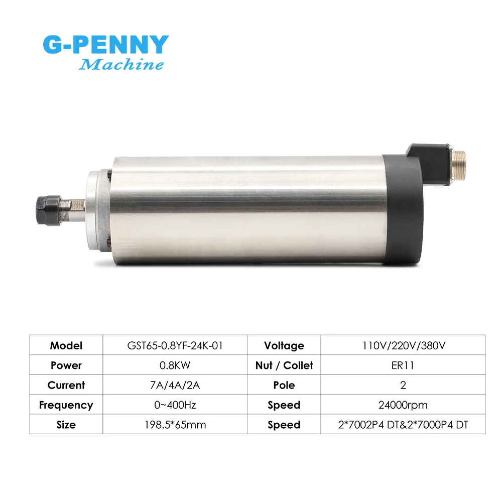 G-Penny Air Cooled Spindle Motor 0.8KW ER11 65mm Diameter 4 Bearings 24000RPM 0.01mm Round Type CNC Router Spindle Motor