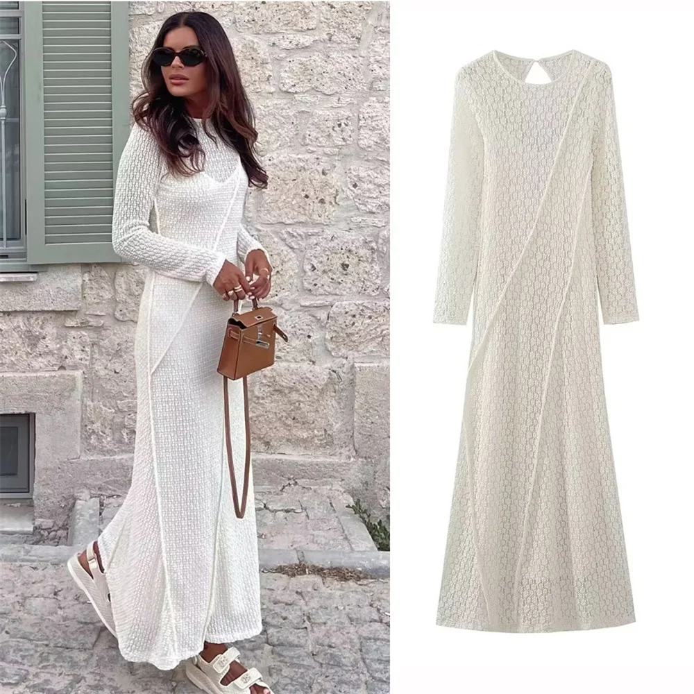 

Women Jacquard Hollow Out Knitted Midi Dress Autumn Elegant O Neck Long Sleeve Long Dresses with Lining Vacation Party Vestidos