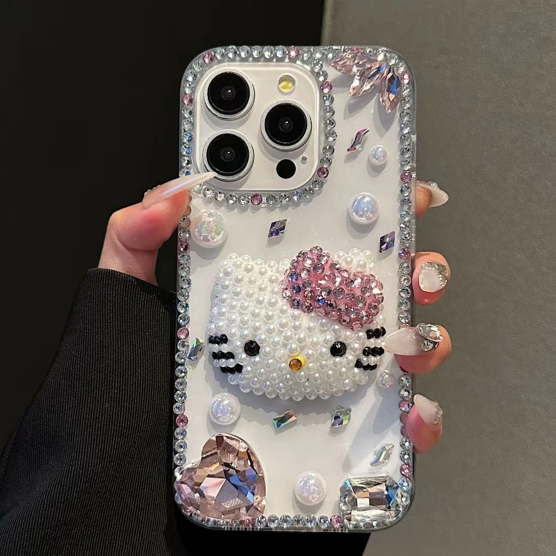 

Cute 3D DIY Full Rhinestone Sanrio Hello Kitty Phone Case for iPhone 16 Pro Max 15 Pro 14 Plus 13 Full Coverage Protective Shell