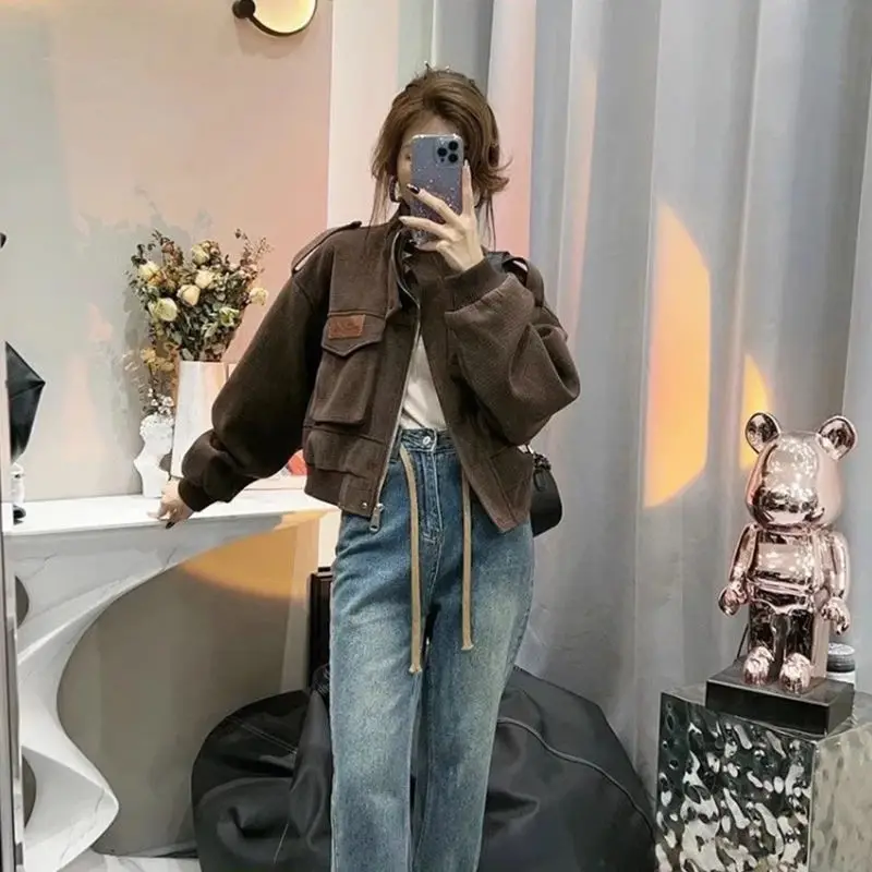 Green Sheepskin Coat for Women 2024 Baseball Clothes Korean Streetwear Y2k Jacket Woman Short Spring Crop Clothing Bomber Autumn