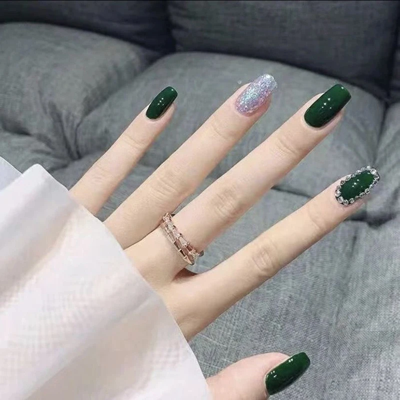 Green Handmade French False Press On Nails With Rhinestones Full Cover Ballerina Manicuree Decoration Wearable Artificial Nails