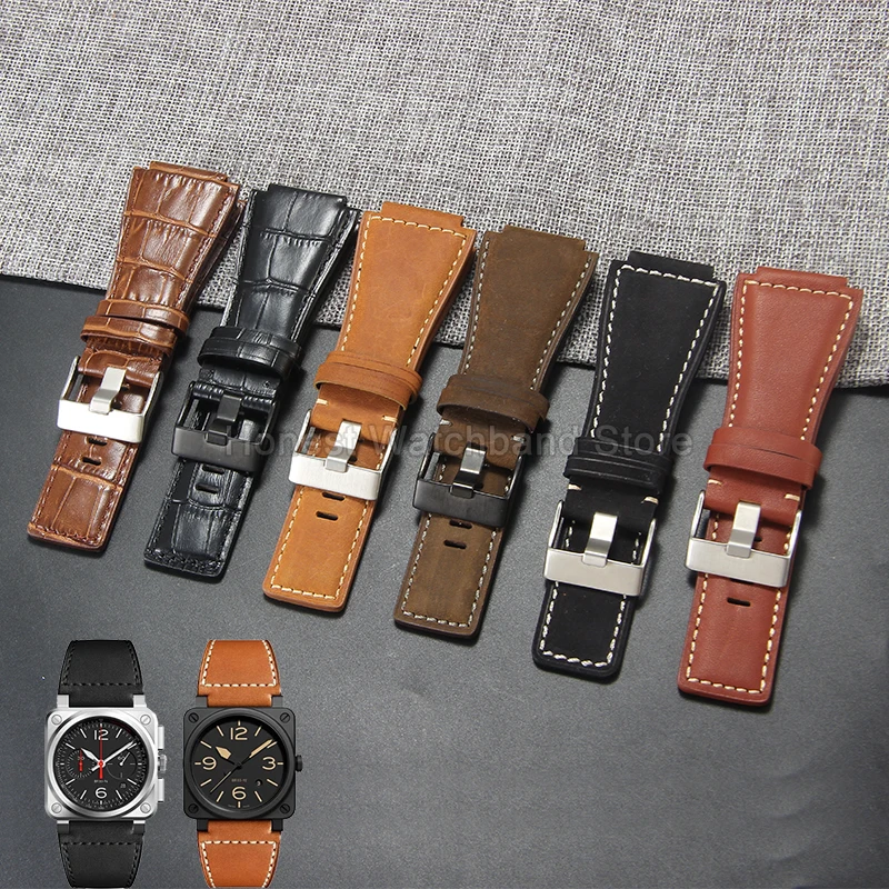 24mm Convex Interface Excellent Quality Watch Strap for Bell & Ross Bell Ross Elastic Genuine Cowhide Leather Watch Accessories