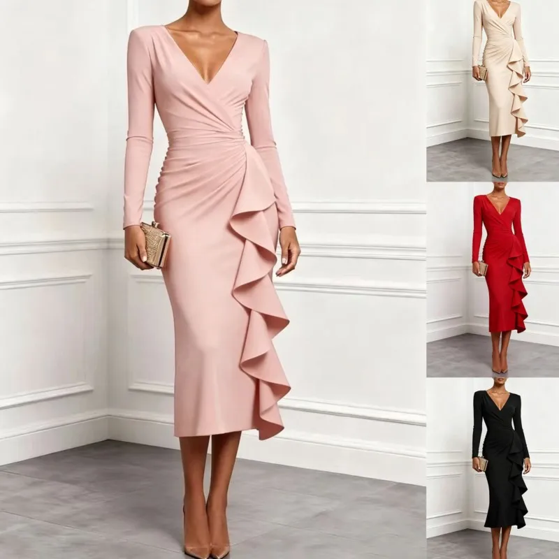 Modisches Damenkleid mit Rüschen, tailliertem V-Ausschnitt, langen Ärmeln, figurbetontem Maxi-Schnitt, Herbst-Partykleider für Frauen, Vestidos
