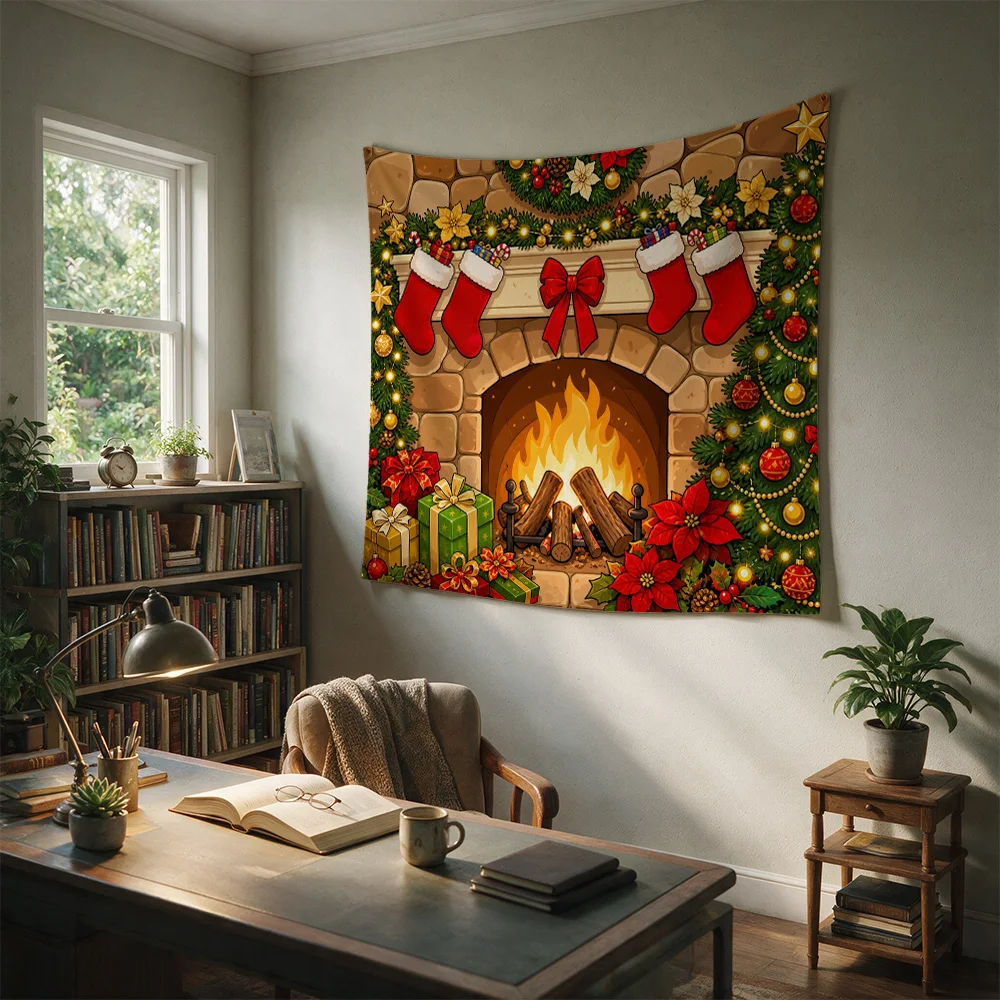 Giant Christmas Mantel Throw Blanket Festive Holiday Fireplace Scene Xmas Decor Wall Hanging Cozy Xmas Gift