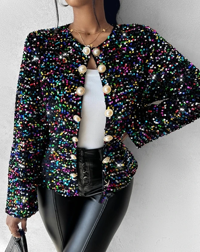 Women's Elegant Colorful Allover Sequin Buttoned Coat Temperament Commuting Female Casual Long Sleeve Round Neck Fashion Coats