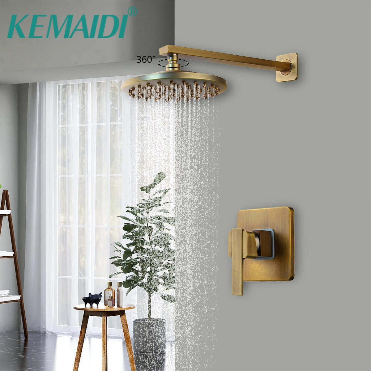 

KEMAIDI Набор смесителей для душа из античной латуни с 8-дюймовой насадкой для тропического душа из нержавеющей стали, твердой латунной грубой в клапане, черный/золотой
