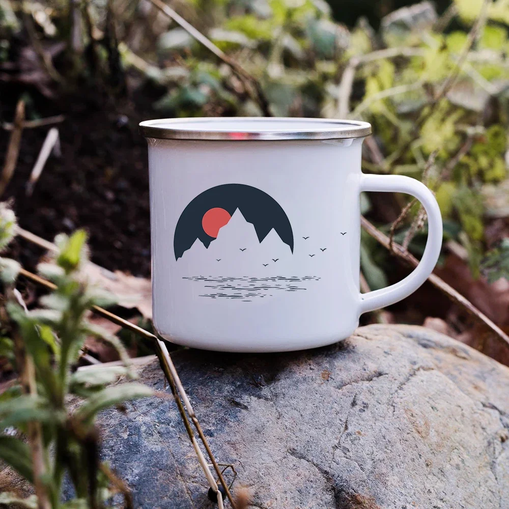 Sunset Forest Creek Creative Enamel Coffee Mugs Outdoor Travel Water Cups Camping Bonfire Party Beer Drink Milk Mug Best Gifts