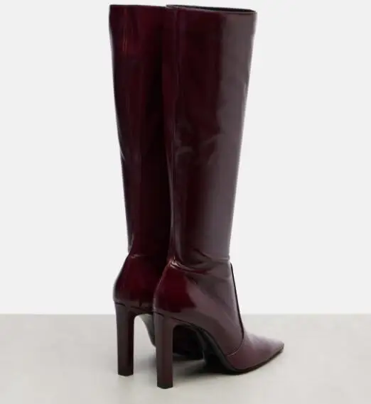 

Autumn Burgundy Black Brown Synthetic Leather Square Toe Tube Slip On Knee High Boots Women Fashion 6 8 CM High Heel Long Botas