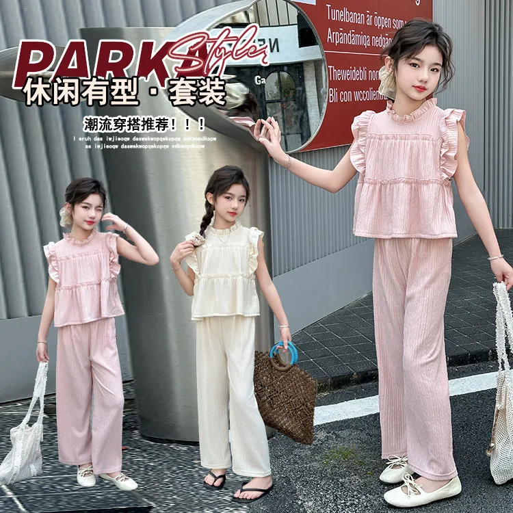 Cute And Stylish two-piece Set Of short-sleeved solid-color girls' Clothing, Featuring A Cute Princess children's Outfit