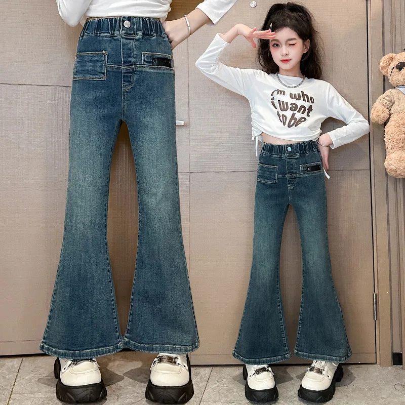 

Children's Pants, Girls' New Autumn Button Up Black Label Elastic Jeans, Slim Fit Flared Pants for Foreign Trade