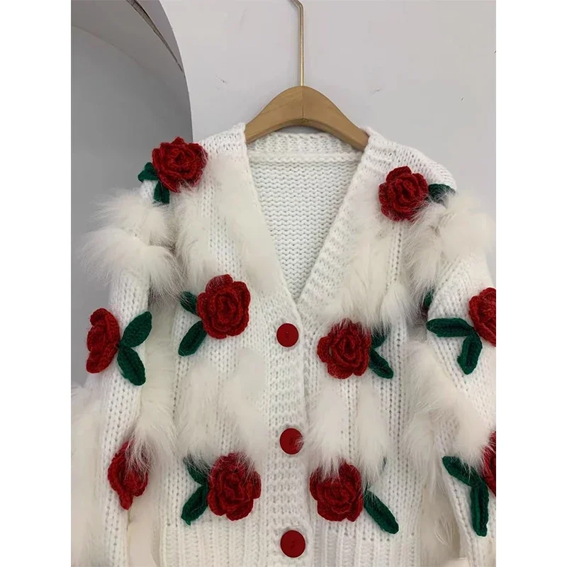 Harajuku Cropped Knitted Cardigan Women Y2K 3D Flower Sweater Coat Streetwear Oversized Knitwear Jacket Winter Jumpers Outwear