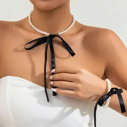 2 pezzi elegante nastro di velluto nero Bowknot collana girocollo bracciale donna Wed Goth imitazione-perla clavicola catena Y2K Set di gioielli