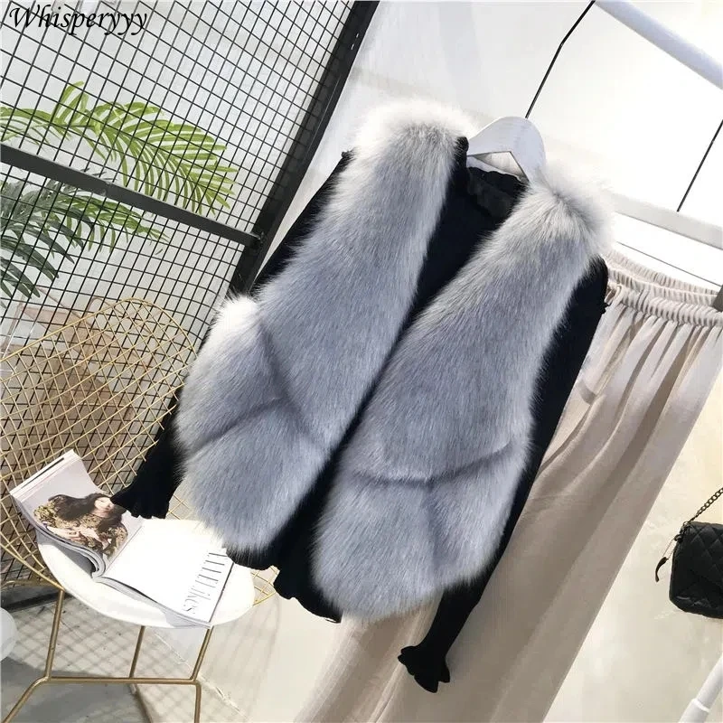 Faux Fur Vest Jacket Women 2024 Winter Clothes Sleeveless Waistcoat V Neck Cardigan Fashion Solid Color Short Gilet Femme