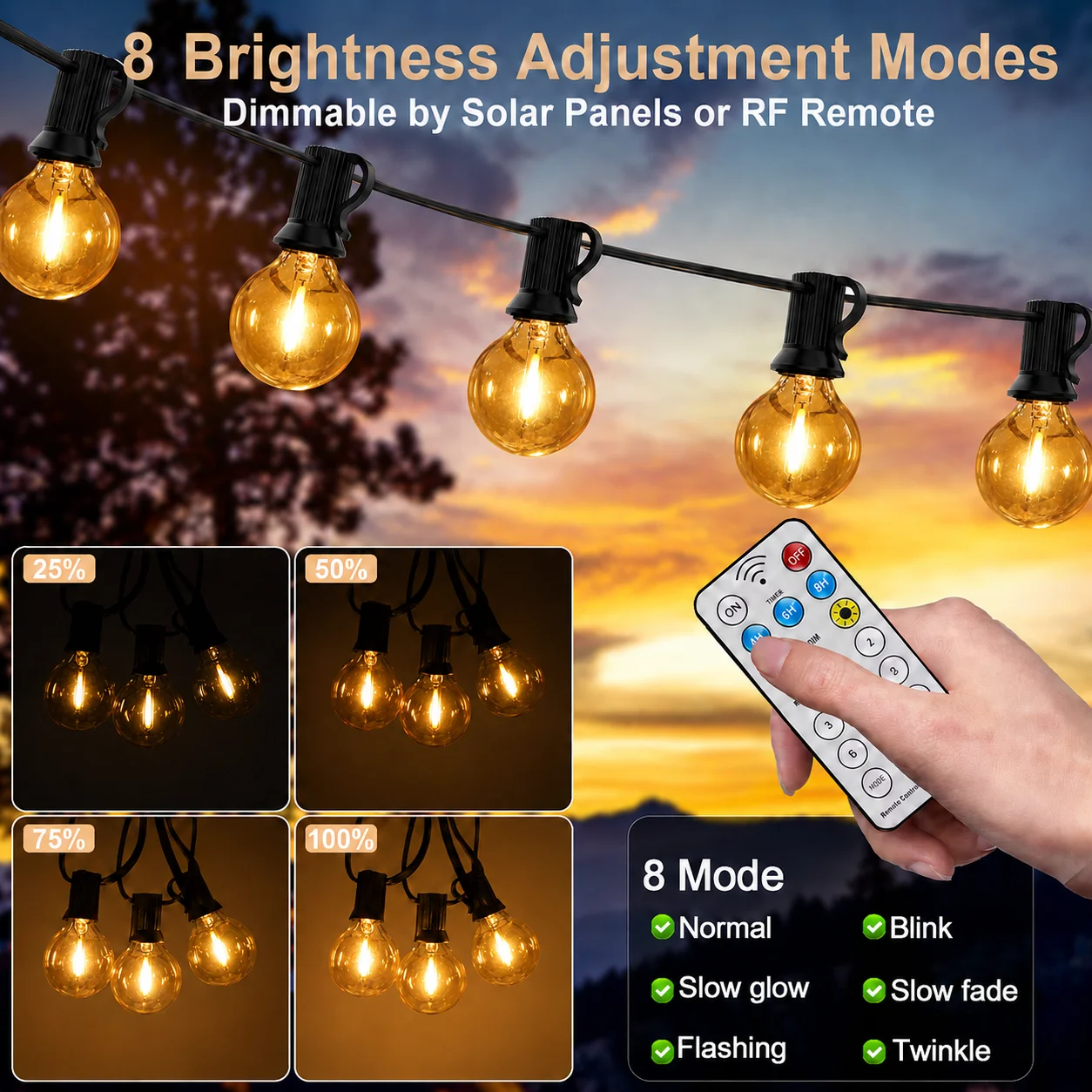 Amber G40 Solar String Lights 24V 2700K Glass with Remote Dimmable 8 Modes Waterproof Outdoor Patio Garden Decorative Lighting