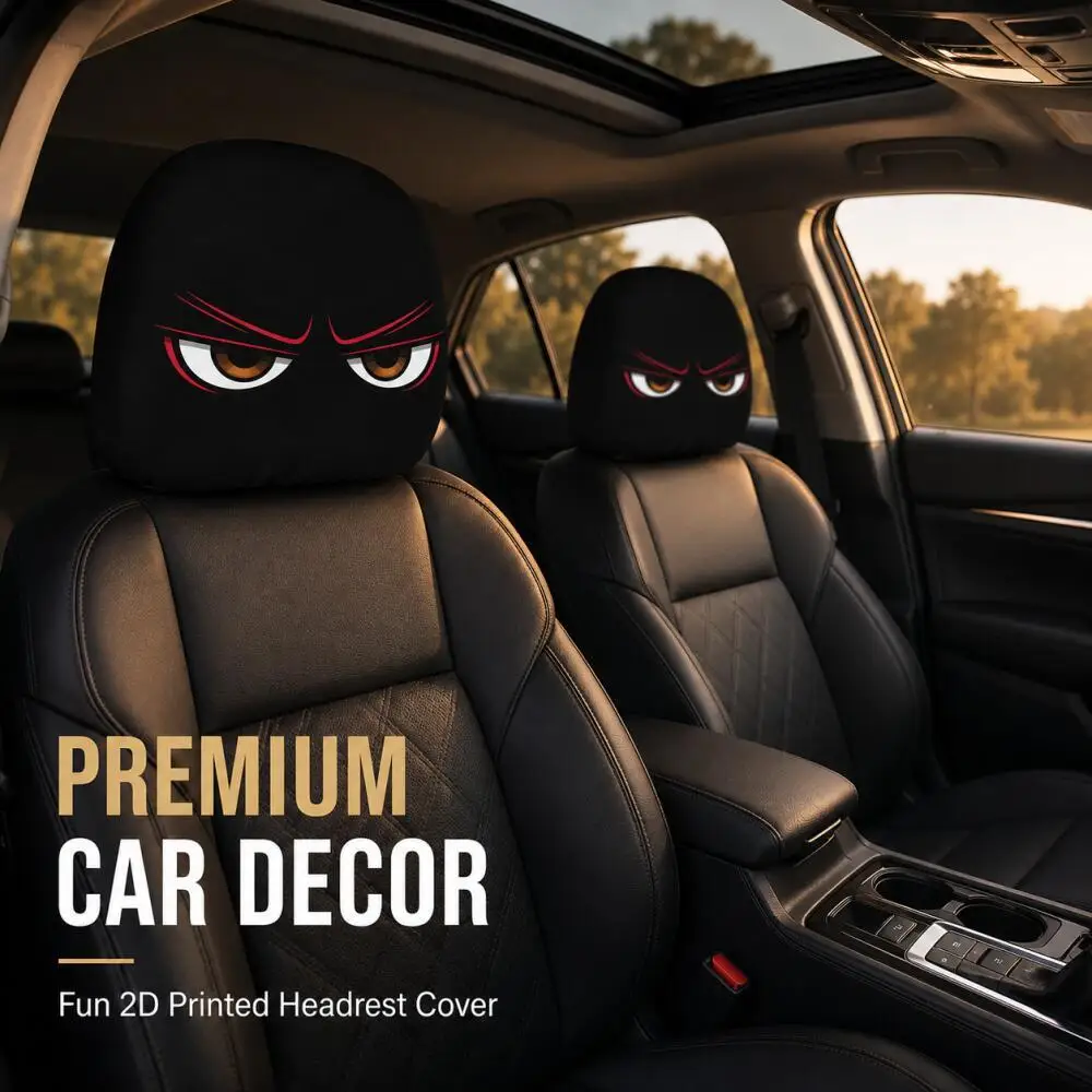 2PCS Angry Red Eyebrow Cartoon Car Headrest Cover, Fierce Expression Universal Elastic Auto Head Rest Protector