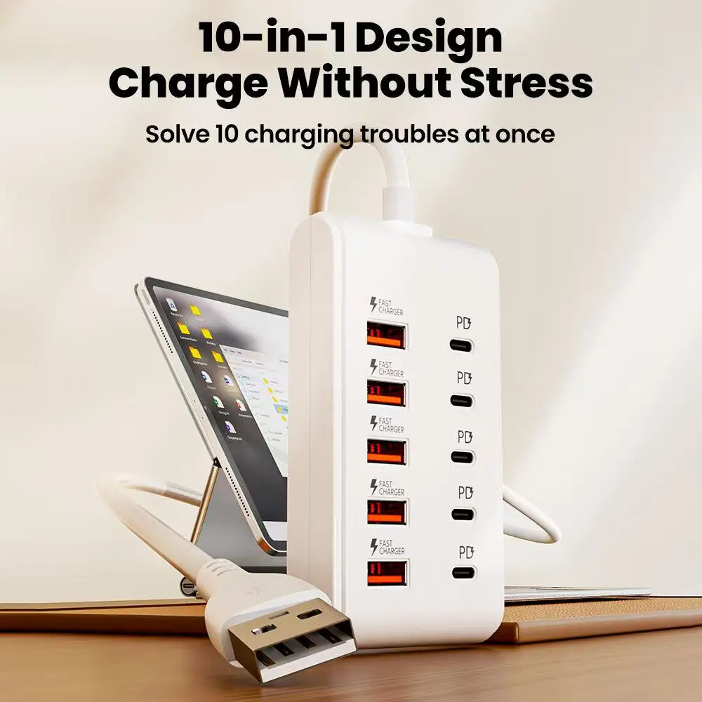 Fast-Charging Multi-Port Charger, 12 in 1 Power Strip Desktop Charging Station, 1m Cord ,Compatible with USB-C/USB-A Devices