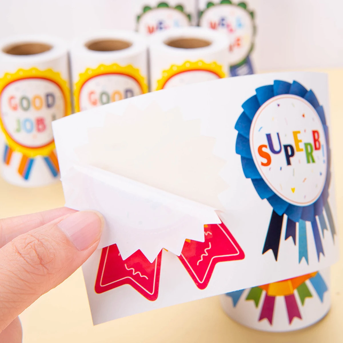 Cartoon English Award Medal Sticker Pupils Are Encouraged to Stick SUPERB GOOD JOB Excellent Corsage Sticker Material Shape Size