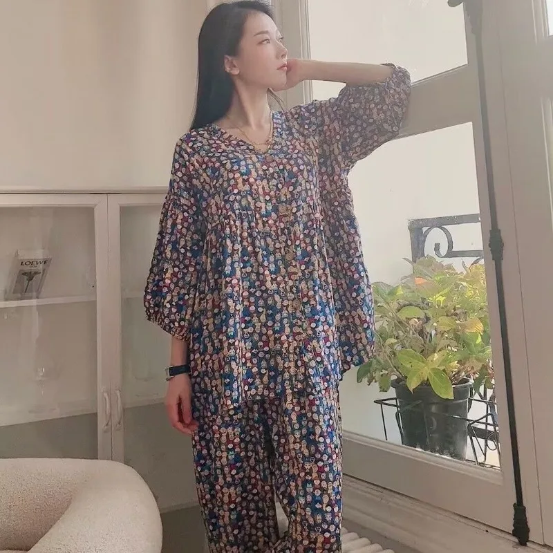 100% Cotton Silk Sleepwear Suit Spring Summer Spring Women Plus Size Loungwear V-neck Cardigan Loose Homewear Half Sleeve Pajama