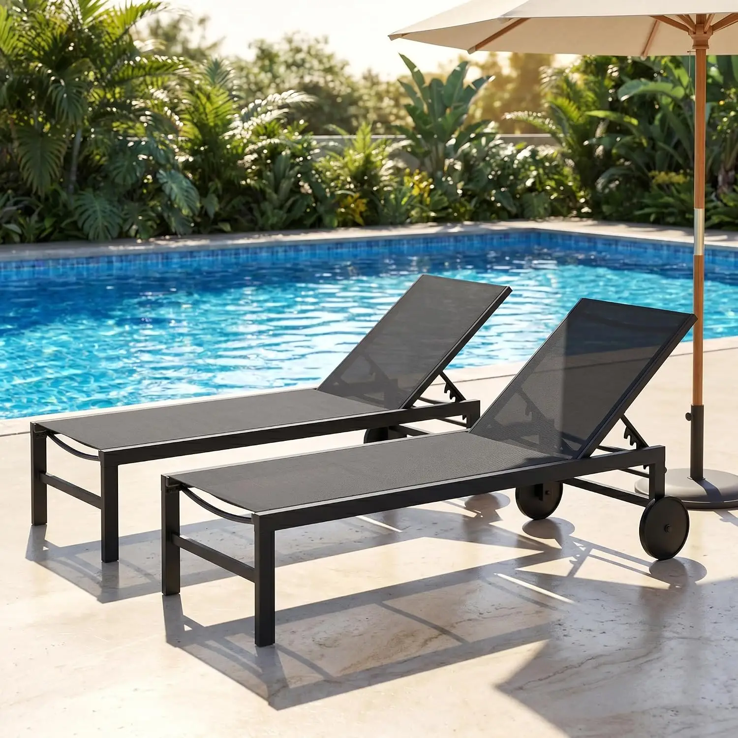 5-Position Adjustable Patio Lounge Chair Set, All Weather Outdoor Chaise for Pool Beach Deck, Dark Grey 2 Pieces, Customized